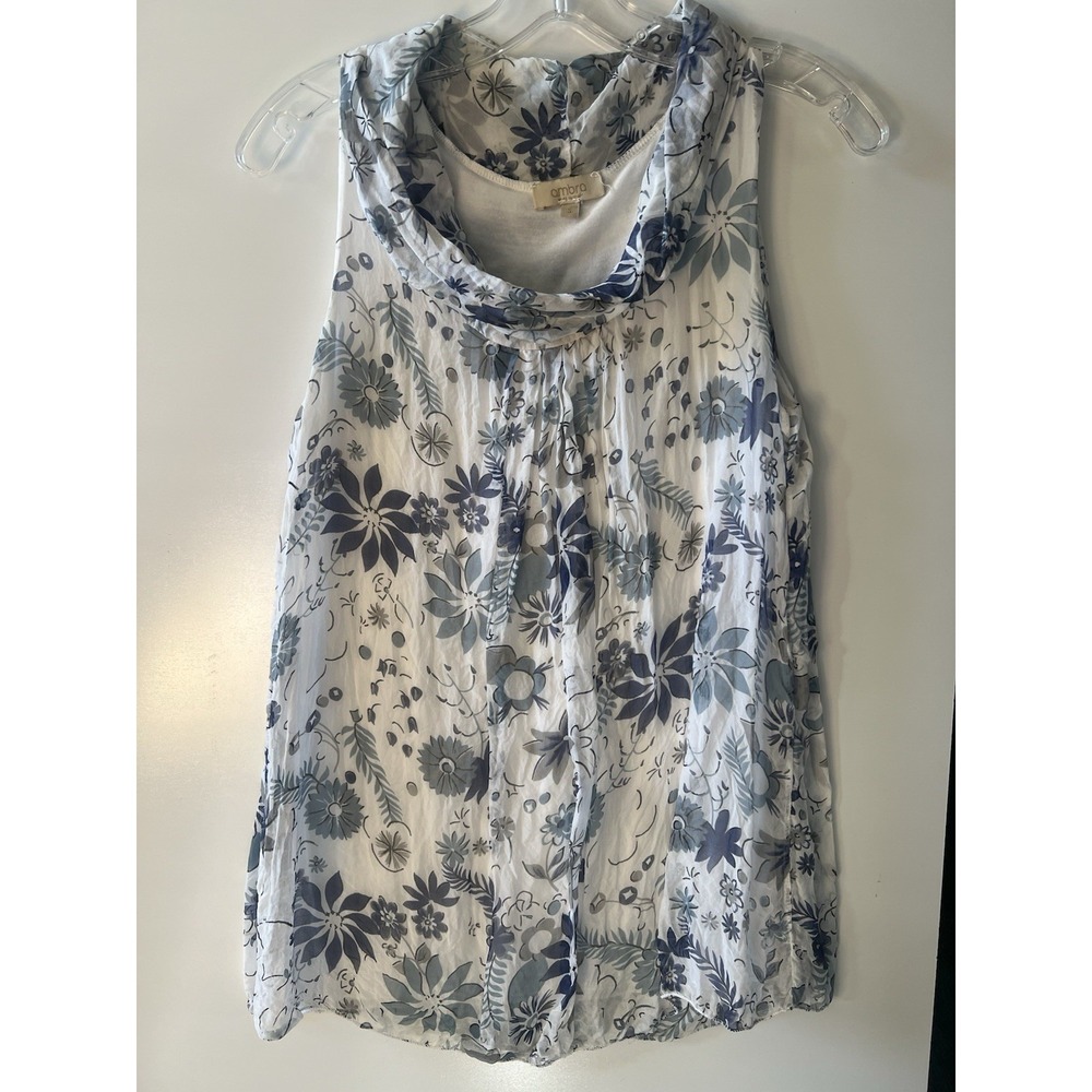 Ambra Women's Silk Blouse Sz S Top Lined White & Blue Floral Tunic Italy Boho